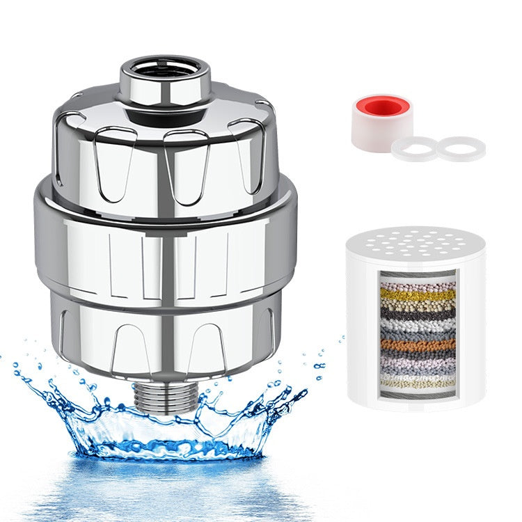 Shower filter with replaceable 15-stage cartridge, thread seal tape and washers